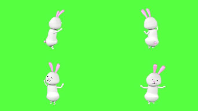 一只可爱的兔子的3D角色在绿屏背景上滑稽跳舞。3D循环动画。