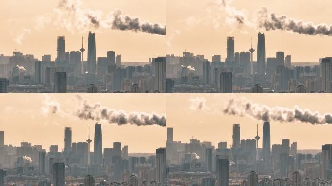 沈阳夕阳下的城市彩电塔建筑与工业烟雾