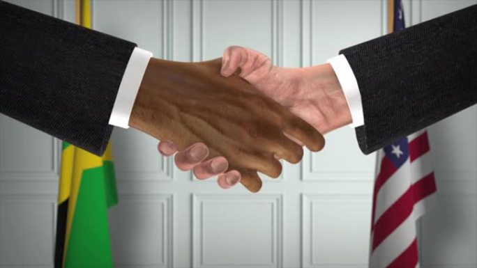 牙买加和美国合作伙伴商业协议。国家政府旗帜。官方外交握手说明动画。协议商人握手