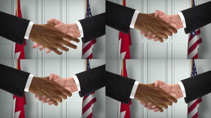 巴林和美国商业伙伴关系协议。国家政府旗帜。官方外交握手说明动画。协议商人握手