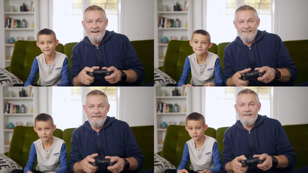 祖父和孙子玩电子游戏