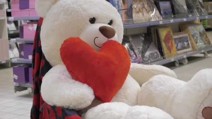 一只有心的柔软的大熊。爱情概念，情人节。