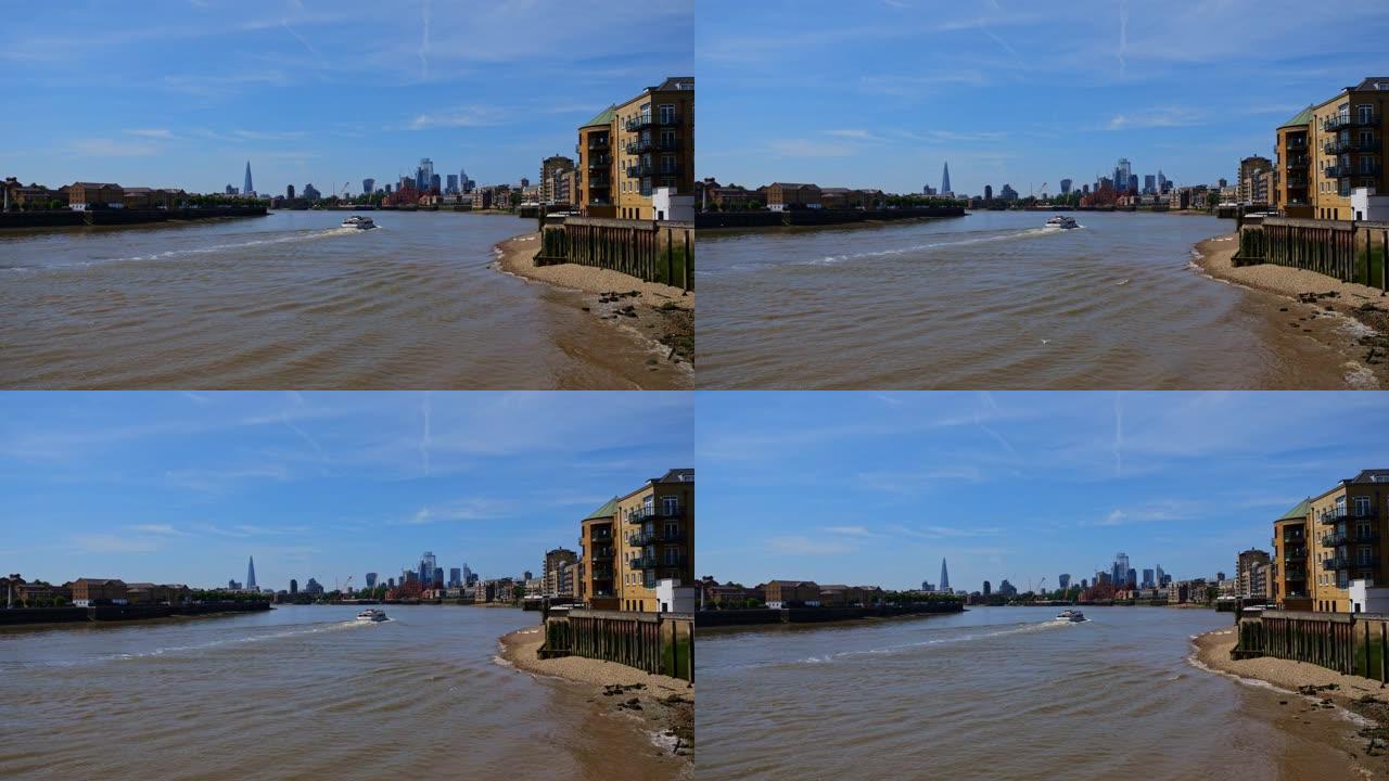 泰晤士河和金丝雀码头的城市天际线。伦敦城和碎片大厦。