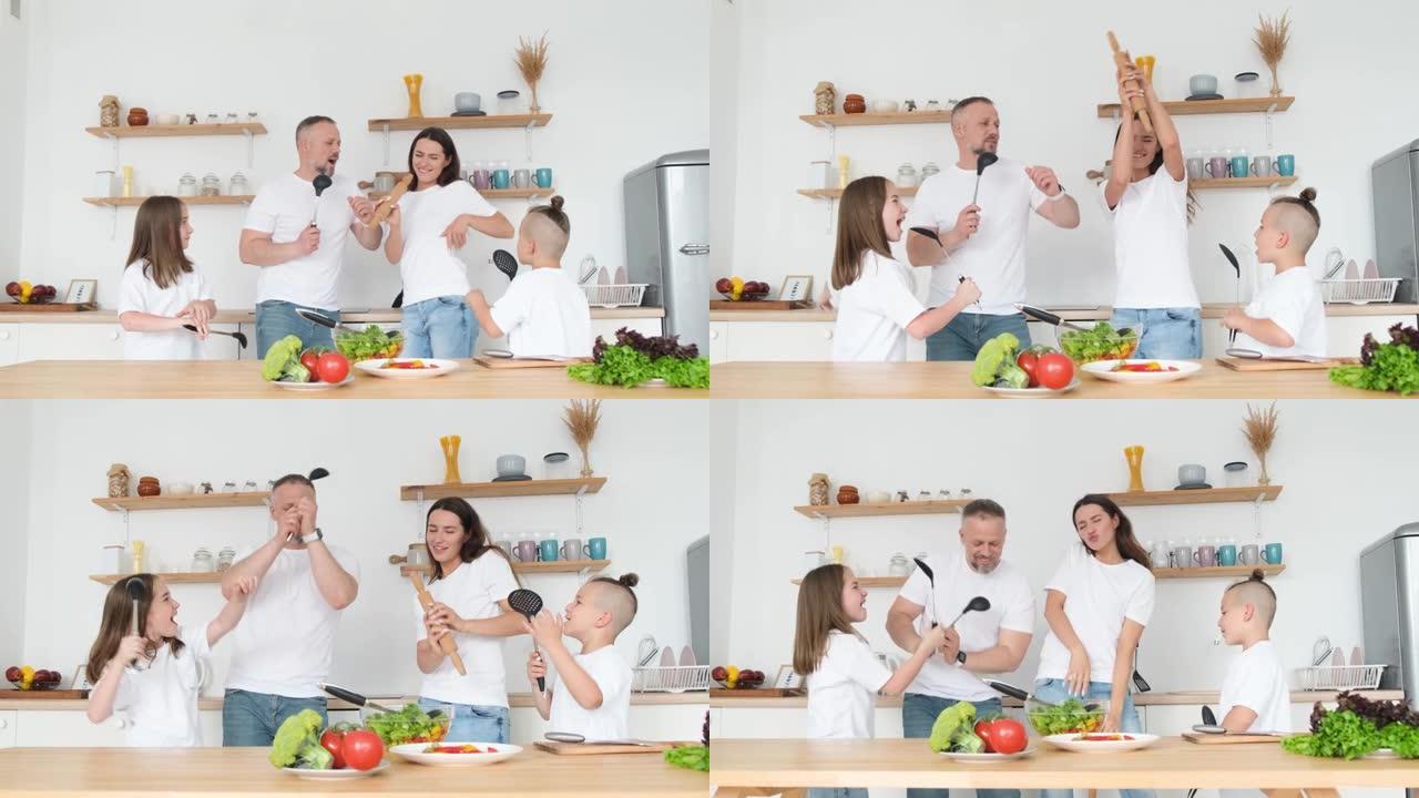 疯狂幸福的家庭，两个孩子在厨房里跳舞，室内现代。