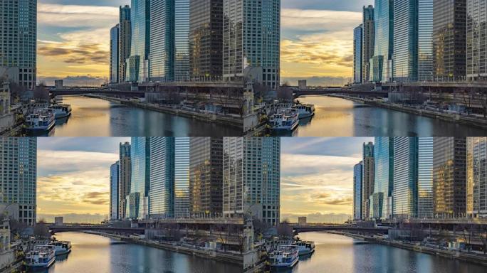 日出时的摩天大楼和芝加哥河的延时视频