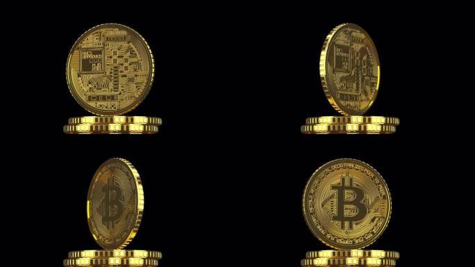 旋转的金色比特币真实硬币的3D渲染，在绿色背景上铸造，比特币旋转，360度转弯的金色比特币，alph