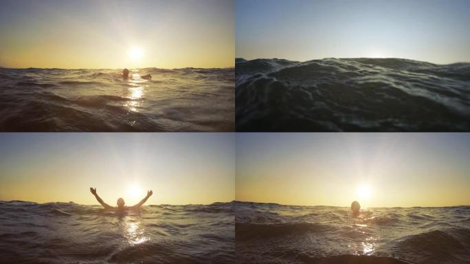 溺水男子在日落时向海滩救生员寻求帮助，慢动作