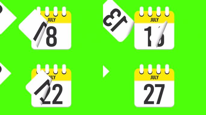 7月27日。日历出现，页面下降到7月27日。绿色背景，色度键 (4k循环)