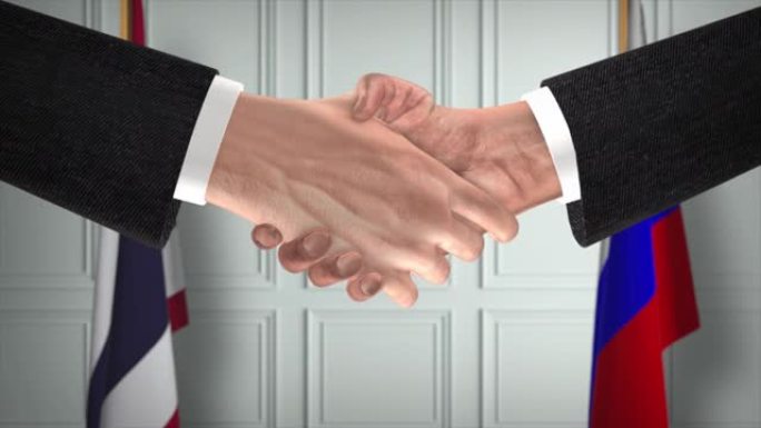 泰国和俄罗斯的协议握手，政治说明。正式会议或合作，商务见面。商人和政客握手