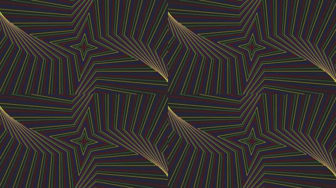 深灰色黑色背景循环上的彩色纤细自旋四角星简单平坦几何。彩色星空旋转无线电波无尽的创意动画。多色旋转星
