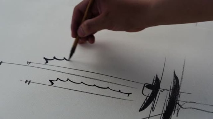 艺术家男性手用画笔在白纸上绘画
