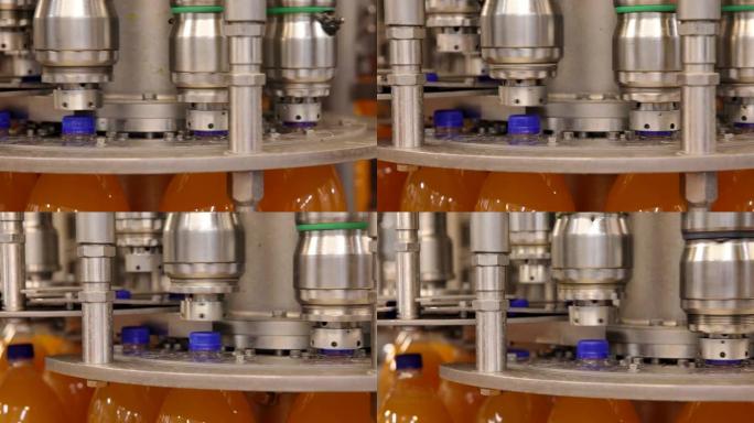 B-自动机器的B卷放在瓶装果汁上的塑料盖上