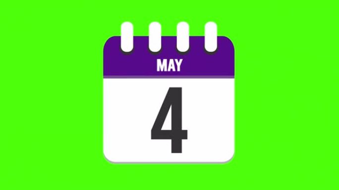 5月4日。日历出现，页面下降到5月4日。绿色背景，色度键 (4k循环)