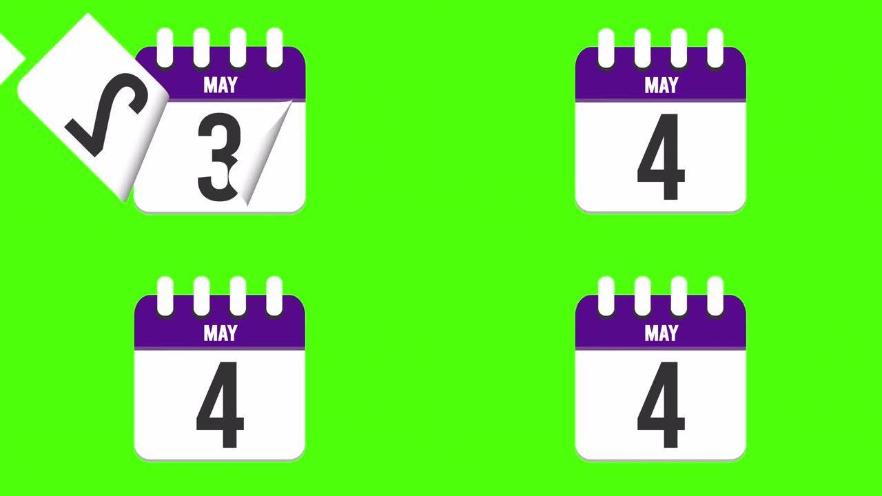 5月4日。日历出现，页面下降到5月4日。绿色背景，色度键 (4k循环)
