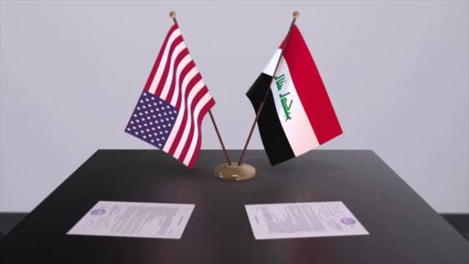 伊拉克和美国在谈判桌上达成外交协议。商业和政治动画。国旗，外交协议。桌上的纸质文件。国际协议。