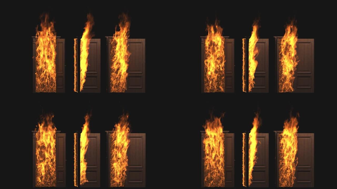 燃烧的门已经打开，大火正在燃烧
在透明的背景上。