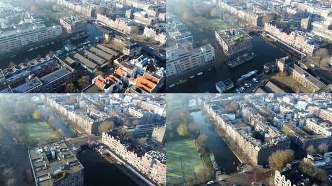荷兰阿姆斯特丹，无人机城飞行。建筑，教堂，内河船，2022年的运河