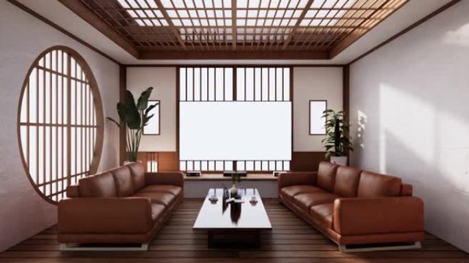 客厅日本热带简约设计。3d渲染