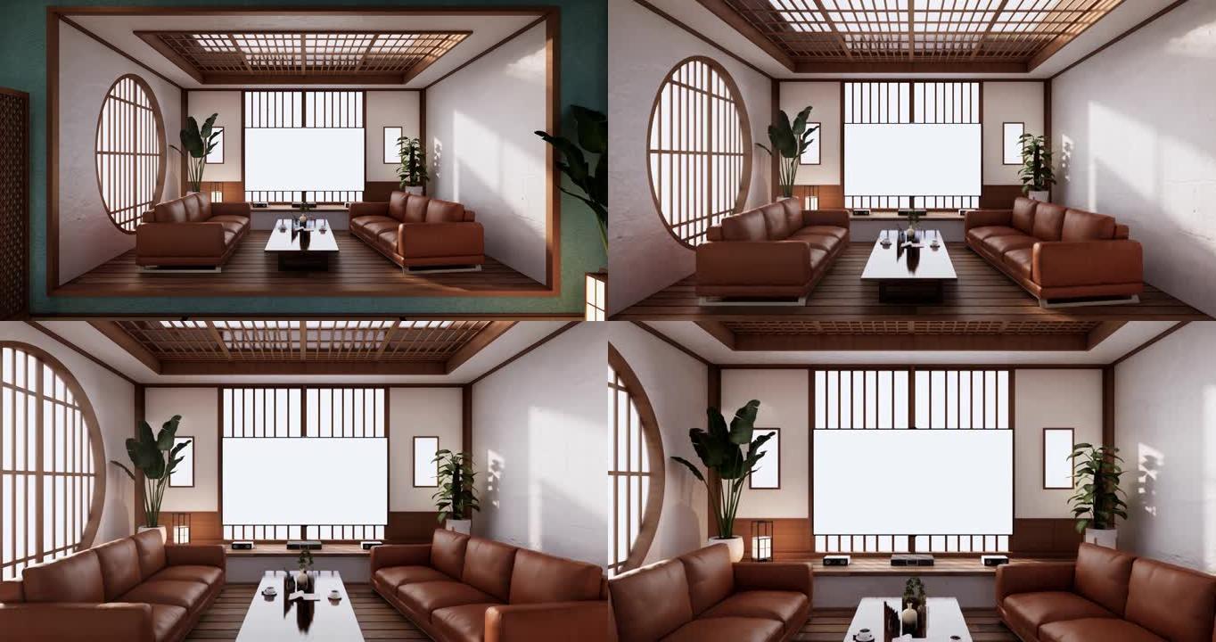 客厅日本热带简约设计。3d渲染