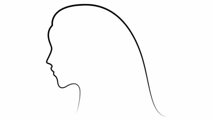 头发脸女人的动画黑色剪影。金丝带美丽女孩的头。线性符号。美的概念。循环视频。矢量线性插图孤立在白色背