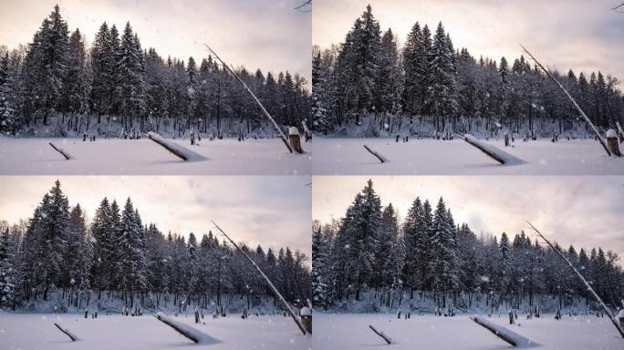 美丽的冬季风景，相机向湖边左移。美丽的降雪