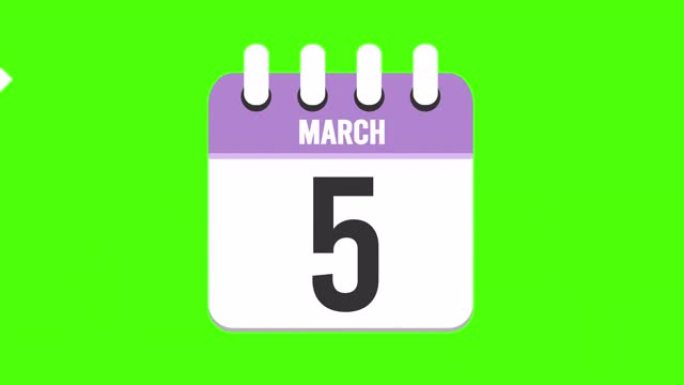 3月5日。日历出现，页面下降到3月5日。绿色背景，色度键 (4k循环)