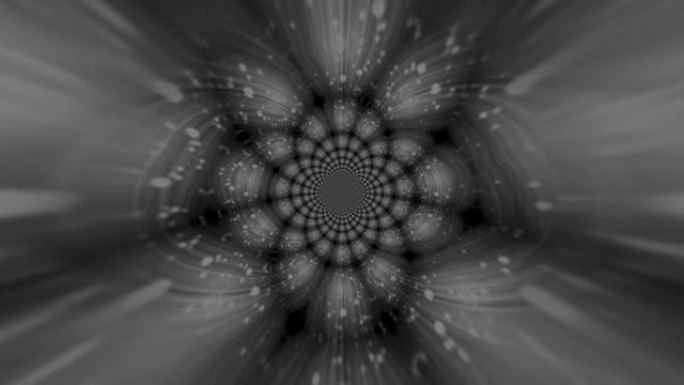 4k黑白抽象盛开的花朵状波浪图案。飞行散焦粒子。光学光束动画。具有万花筒形链的圆形曼陀罗。bokeh