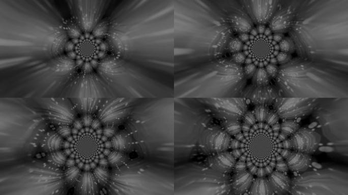4k黑白抽象盛开的花朵状波浪图案。飞行散焦粒子。光学光束动画。具有万花筒形链的圆形曼陀罗。bokeh