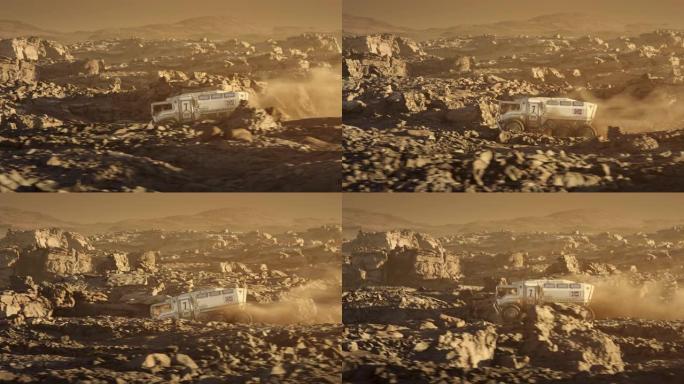 火星行星的太空殖民。带有挪威国旗的火星探测器探索行星表面