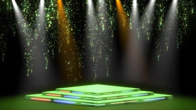 逼真的3d舞台和灯光效果在背景上移动。具有舞台和霓虹灯效果的Spot Light动画。霓虹灯和带有聚