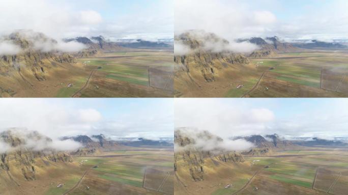空中无人机拍摄冰岛的道路和桥梁。无尽美丽的乡村景观。
