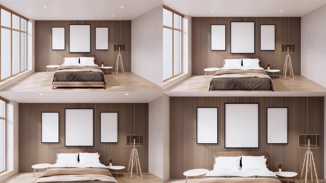 3D渲染无印良品风格，空木房，清洁japandi房间内部