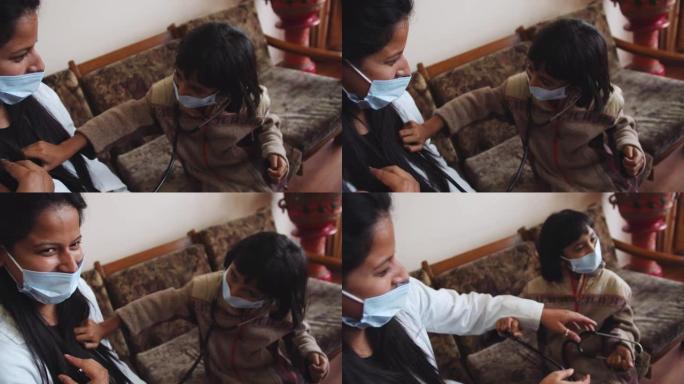 南亚女小孩在4k借用医生的听诊器