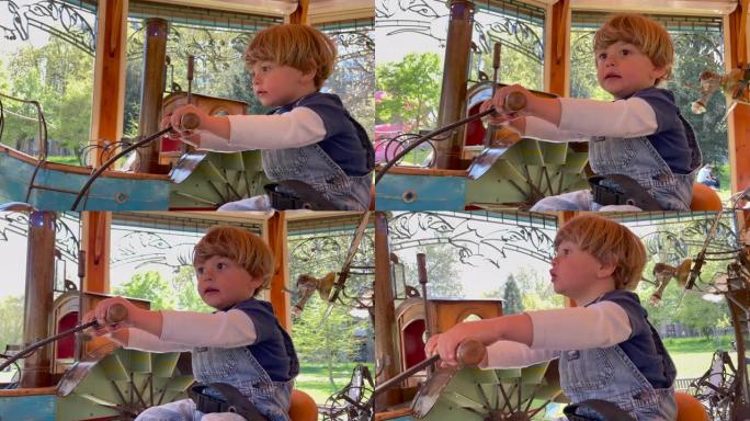 快乐的孩子骑古董旋转木马。快乐的小男孩在游乐场骑玩具