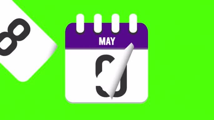 5月14日。日历出现，页面下降到5月14日。绿色背景，色度键 (4k循环)