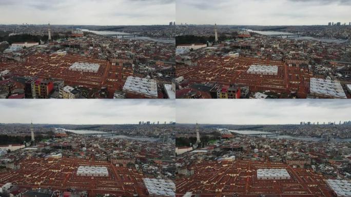 大巴扎鸟瞰图，大巴扎屋顶鸟瞰图，伊斯坦布尔鸟瞰图，4K大巴扎位于伊斯坦布尔，世界上游客最多的旅游景点