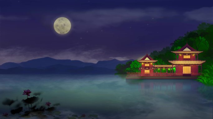 花园湖中亭台夜景