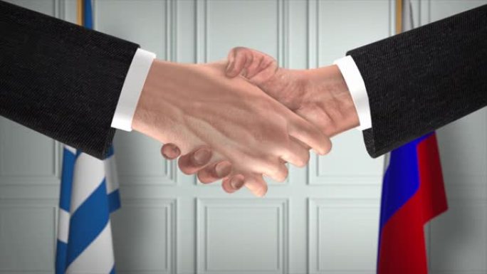 希腊和俄罗斯达成协议，政治例证。正式会议或合作，商务见面。商人和政客握手