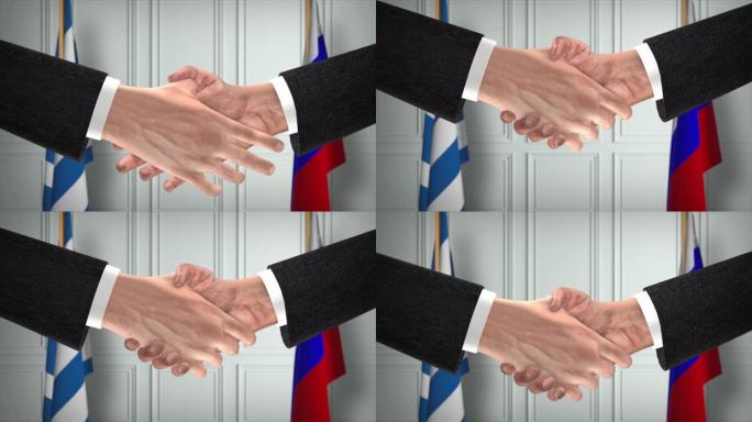 希腊和俄罗斯达成协议，政治例证。正式会议或合作，商务见面。商人和政客握手