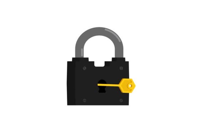 动画挂锁仓锁用金钥匙打开和关闭。安全存放贵重物品和金钱。白色孤立的卡通循环视频