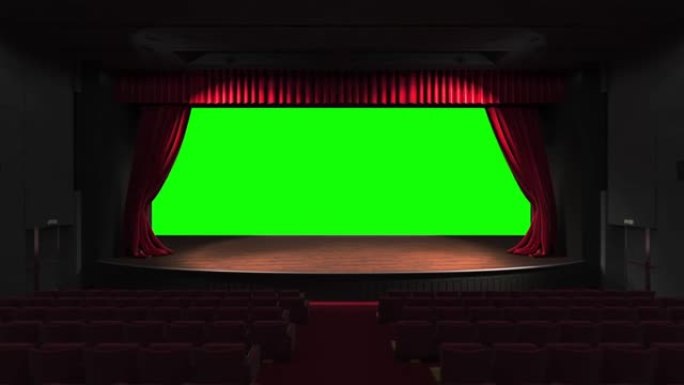 电影多莉拍摄的空经典剧院，红色天鹅绒窗帘打开舞台-全景图