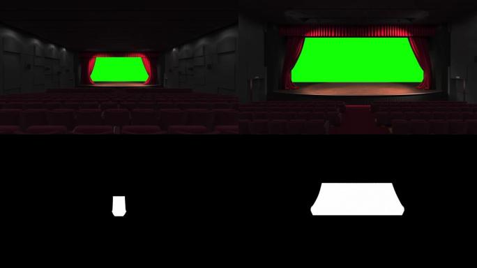 电影多莉拍摄的空经典剧院，红色天鹅绒窗帘打开舞台-全景图