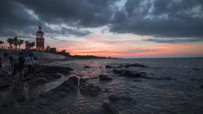 海口假日海滩晚霞风景延时