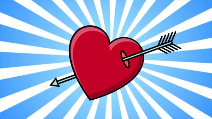 喜庆的红心在情人节被丘比特的箭头刺穿，背景为蓝色的光线。摘要背景。高质量4k视频，运动设计
