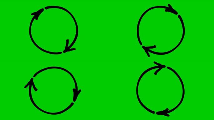 圆形箭头的动画图标。重新加载旋转的黑色符号。循环视频。手绘矢量插图孤立在绿色背景上。