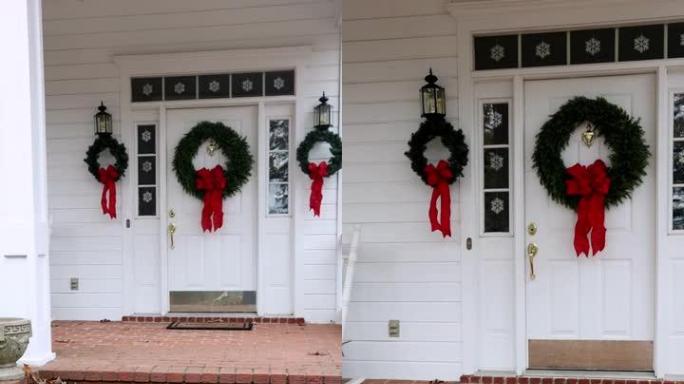 圣诞节装饰的漂亮前门的垂直视频