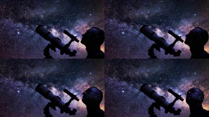 天文学家用望远镜看着星空。