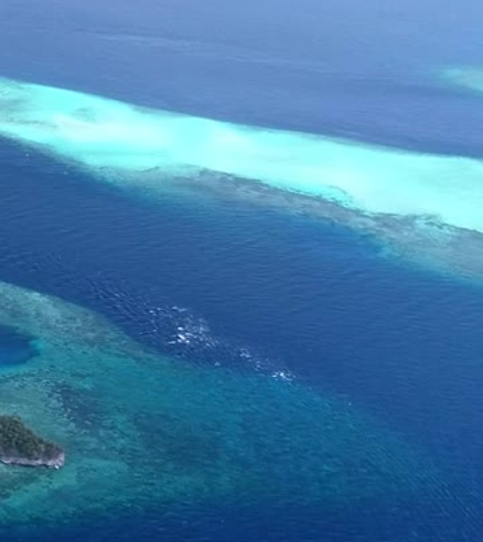 热带岩石岛的绿松石水和浅礁空中拍摄的垂直视频