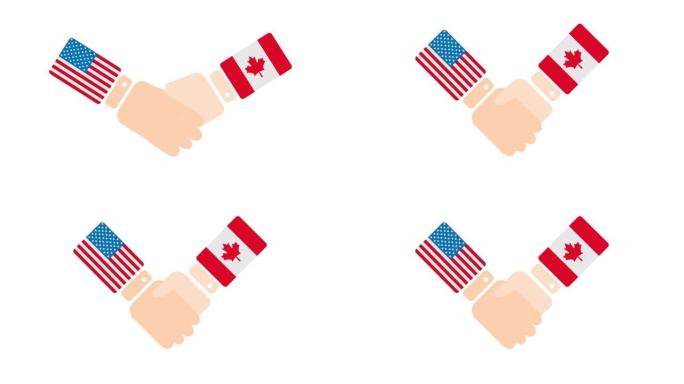 美国(美国)与加拿大握手，政客会面或合作的概念相关的2D卡通动画，孤立在白色背景上