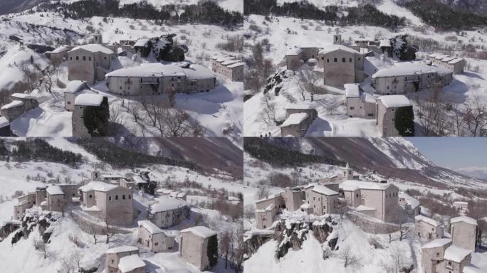 意大利白雪覆盖的老村庄的鸟瞰图